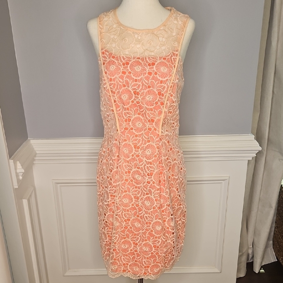 Jessica Simpson Lace Overlay Coral And Peach Cocktail Dress - Picture 1 of 13